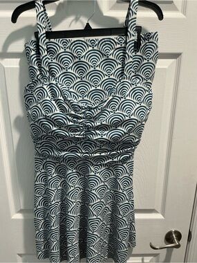 BloomChic Teal and White Geometric Ruched Fit-and-Flare two piece tankini